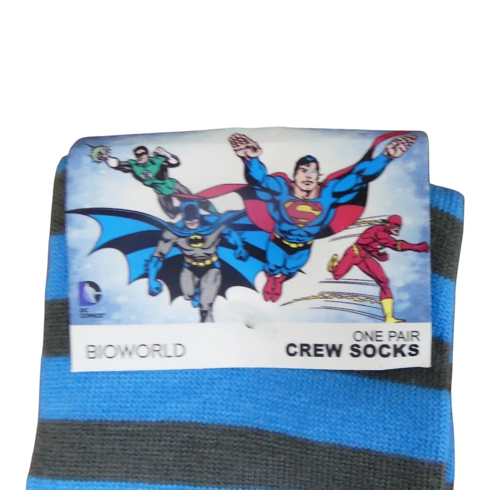 Bioworld Crew Socks Mens 9-11 Blue New Batman DC Comics Striped Justice League